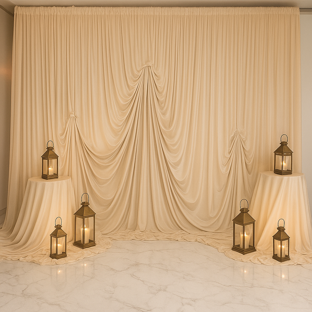 Elegant White, cream, red green drape backdrop