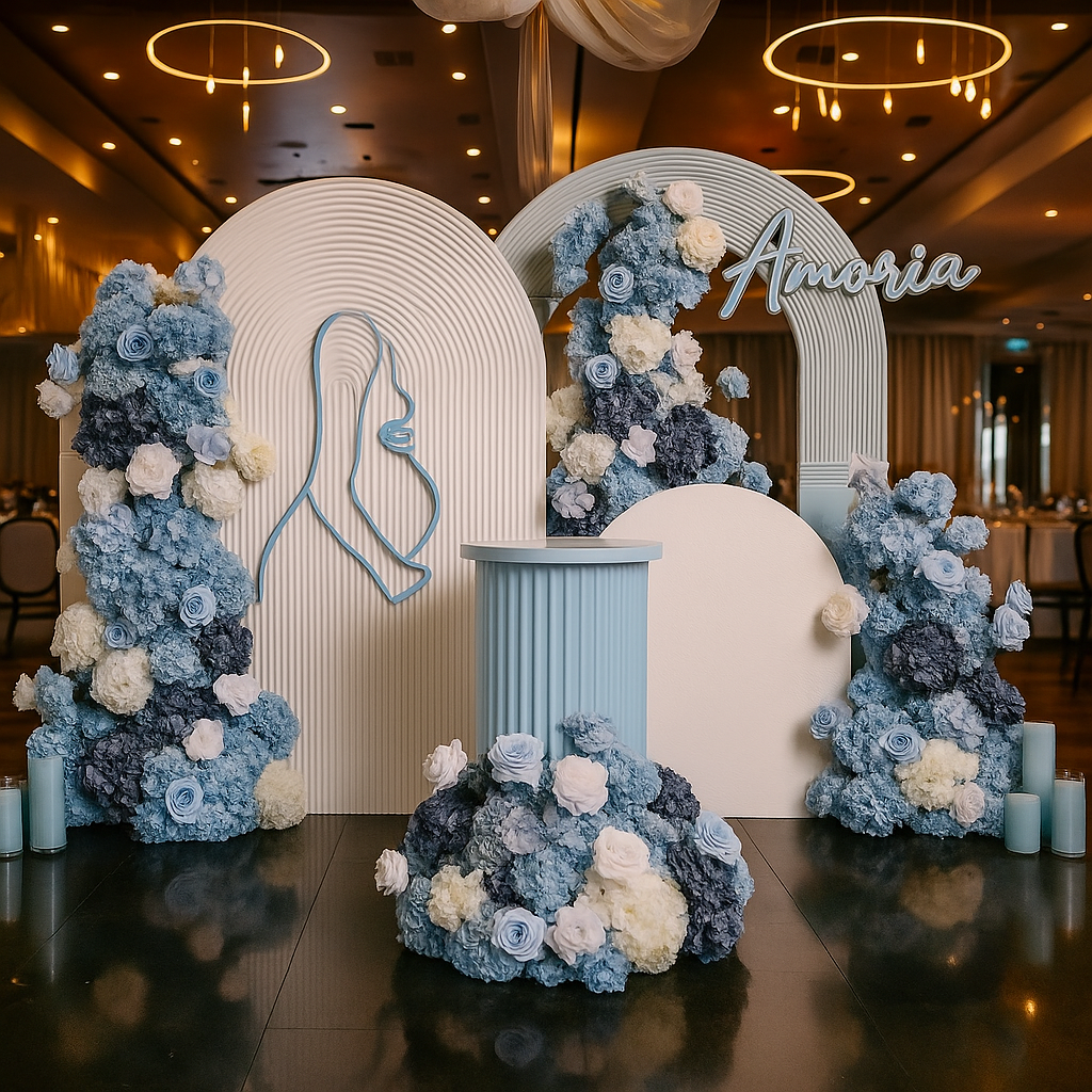 Elegant floral backdrop styling by Amoria Events with real-touch premium flowers for birthday, engagement, bridal shower and baby shower celebrations in Melbourne.